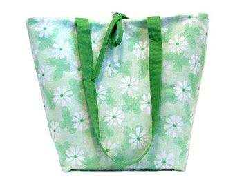 Butterfly Tote Bag,  Green Cloth Purse with White Flowers, Handmade Handbag, Fabric Bag, Shoulder Bag, Ready to Ship