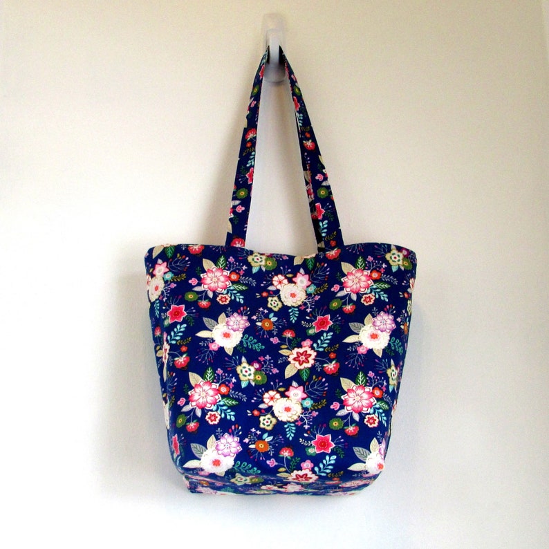 Blue Floral Shoulder Bag, Cloth Purse, Fabric Bag, Handmade Handbag, Tote Bag, Pink Flowers, Orange Flowers image 8