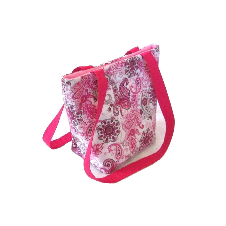 Paisley Purse, Pink & Gray Bag, Handmade Handbag, Cloth Bag, Teen Purse, Small Tote Bag, White Fabric Shoulder Bag image 2