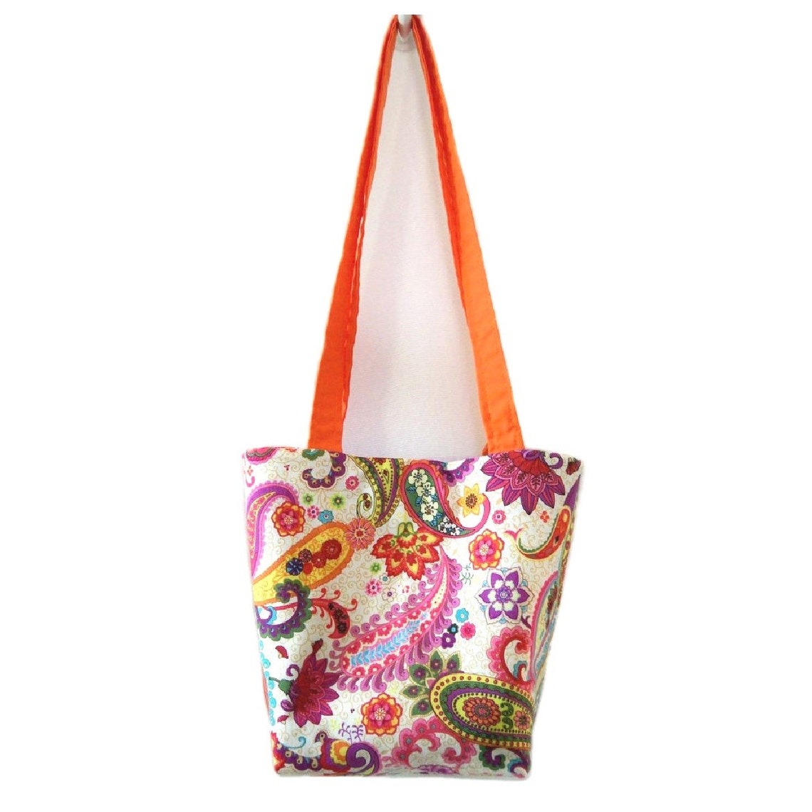 Paisley Purse, Small Tote Bag, Handmade Handbag, Floral Cloth Purse, Purple, Orange, Pink
