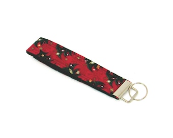 Christmas Tree Key Fob, Christmas Keychain, Handmade Fabric Key Chain Wristlet, Red Key Holder, Wrist Lanyard, Stocking Stuffer