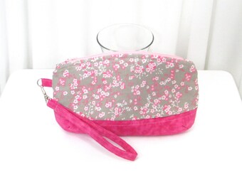 Pink & Gray Clutch Purse, Fabric Zipper Bag with Detachable Wrist Strap Small Cloth Purse, Handmade Bag, Makeup Bag, Purse Organizer,