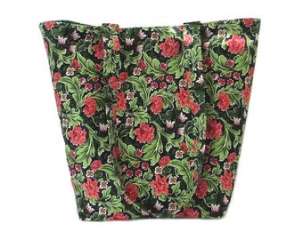 Green Floral Shoulder Bag, Cloth Purse, Coral Flowers, Green Leaves, Handmade Handbag, Fabric Bag, Tote Bag