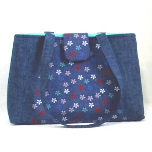 Denim Shoulder Bag, Floral Fabric Bag, Handmade Bag, Cloth Purse, Lined with Pockets, Turquoise, Flowers image 3