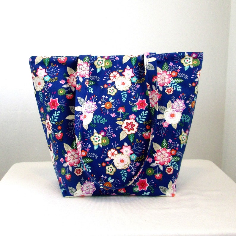 Blue Floral Shoulder Bag, Cloth Purse, Fabric Bag, Handmade Handbag, Tote Bag, Pink Flowers, Orange Flowers image 4