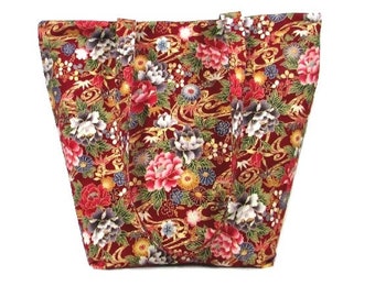 Red Floral Tote Bag, Fabric Purse with Multi Color Flowers, Handmade Handbag, Cloth Purse, Shoulder Bag, Gold Swirls