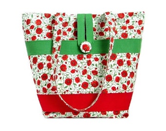 Poppy Flower Tote Bag, Cloth Purse, Fabric Bag, Handmade Handbag, Shoulder Bag, White Totebag, Red Flowers, Poppies