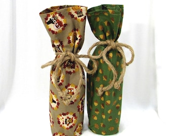 2 Fall Bottle Bags, Reusable Wine Gift Bags, Thanksgiving Gift Wrap for Bottles, Owls, Acorns, Pumpkins, Set of 2