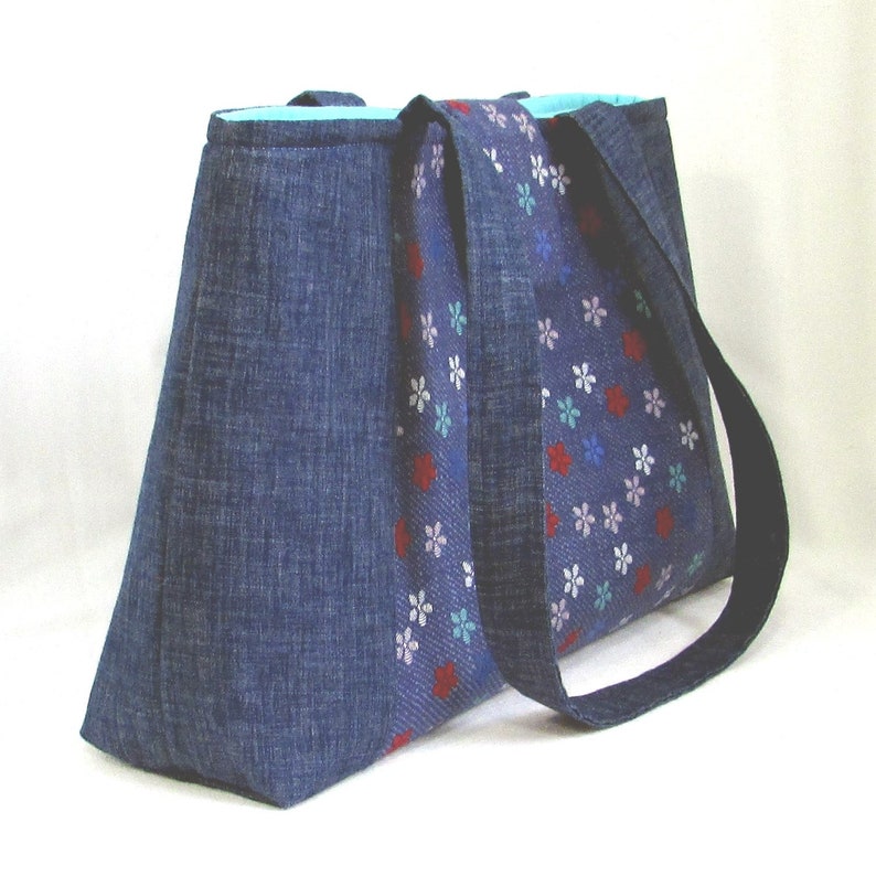 Denim Shoulder Bag, Floral Fabric Bag, Handmade Bag, Cloth Purse, Lined with Pockets, Turquoise, Flowers image 7