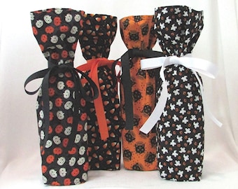 4 Halloween Wine Bottle Gift Bags, Gift Wrap for Bottles, Reusable Gift Bags, Ghosts, Pumpkins, Black Cats, Candy Corn, Set of 4