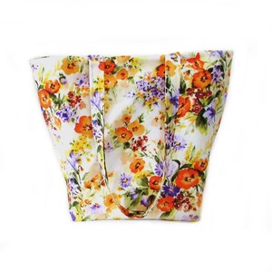Floral Shoulder Bag, Cloth Purse, Handmade Handbag, White Fabric Bag, Tote Bag, Orange, Purple, Yellow, Flowers