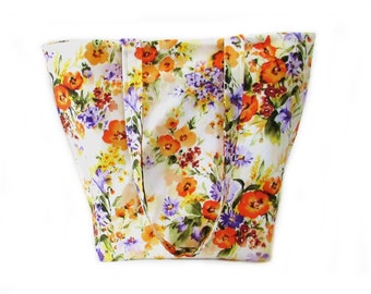 Floral Shoulder Bag, Cloth Purse, Handmade Handbag, White Fabric Bag, Tote Bag, Orange, Purple, Yellow, Flowers