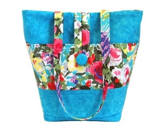 Blue Floral Shoulder Bag, Cloth Purse, Fabric Bag, Handmade Handbag, Tote Bag,  Lined with Pockets, Turquoise, Roses