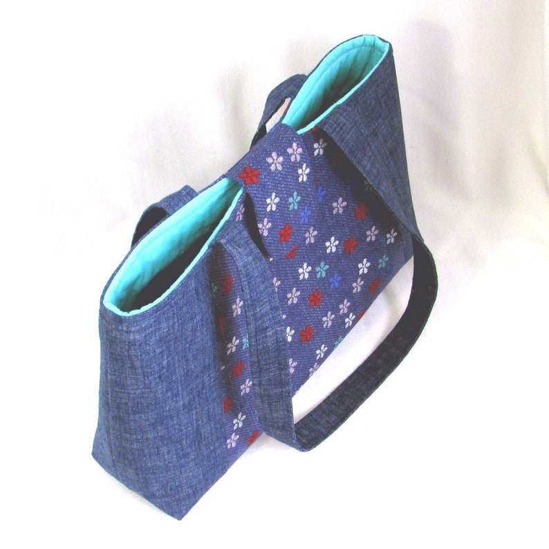 Denim Shoulder Bag, Floral Fabric Bag, Handmade Bag, Cloth Purse, Lined with Pockets, Turquoise, Flowers image 6