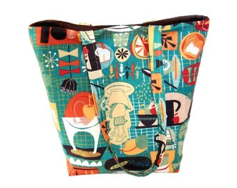 Retro Kitchen Tote Bag, Teal Cloth Purse, Handmade Handbag, Kitsch Shoulder Bag, Kitschy Fabric Bag