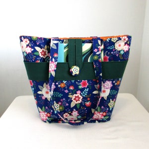 Blue Floral Shoulder Bag, Cloth Purse, Fabric Bag, Handmade Handbag, Tote Bag, Pink Flowers, Orange Flowers image 6