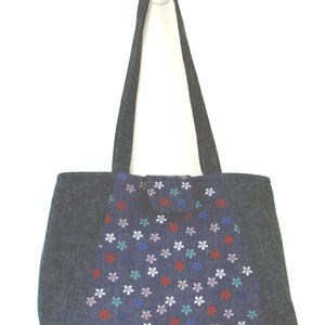 Denim Shoulder Bag, Floral Fabric Bag, Handmade Bag, Cloth Purse, Lined with Pockets, Turquoise, Flowers image 8