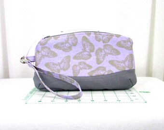 Purple Butterfly Clutch Purse, Fabric Zipper Bag with Detachable Wrist Strap, Small Cloth Purse, Handmade Bag, Makeup Bag