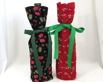Gift Wrap for Wine Bottles, Winter Mittens, Candy Canes, Bottle Bags, Wine Bottle Wrap, Holiday Bottle Gift Bags, Set of 2
