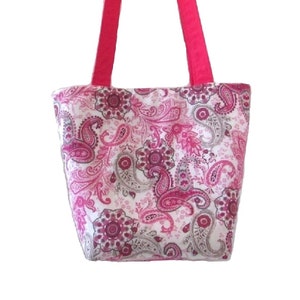 Paisley Purse, Pink & Gray Bag, Handmade Handbag, Cloth Bag, Teen Purse, Small Tote Bag, White Fabric Shoulder Bag image 5