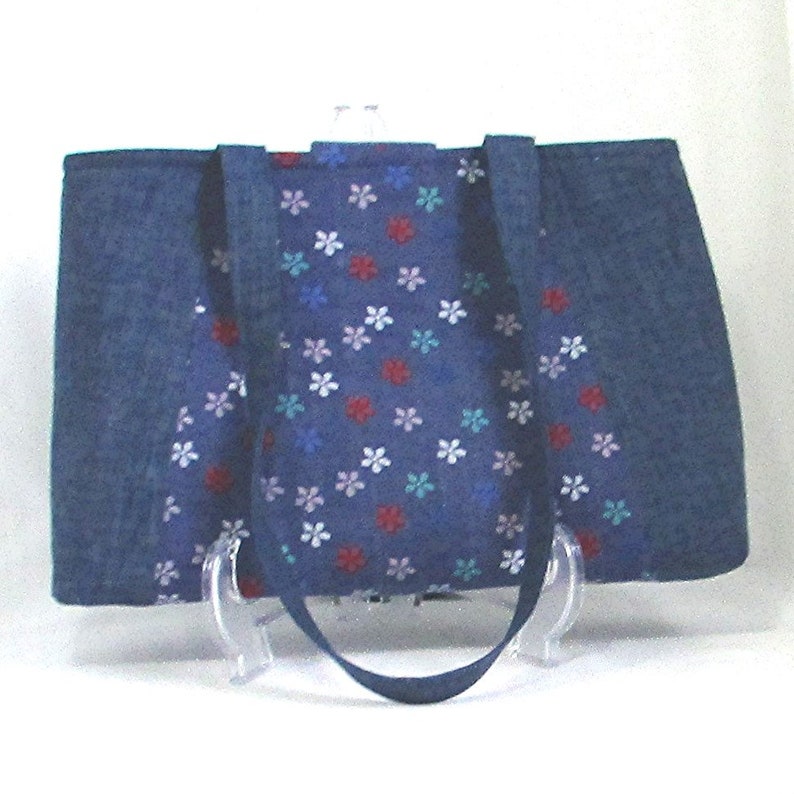 Denim Shoulder Bag, Floral Fabric Bag, Handmade Bag, Cloth Purse, Lined with Pockets, Turquoise, Flowers image 2