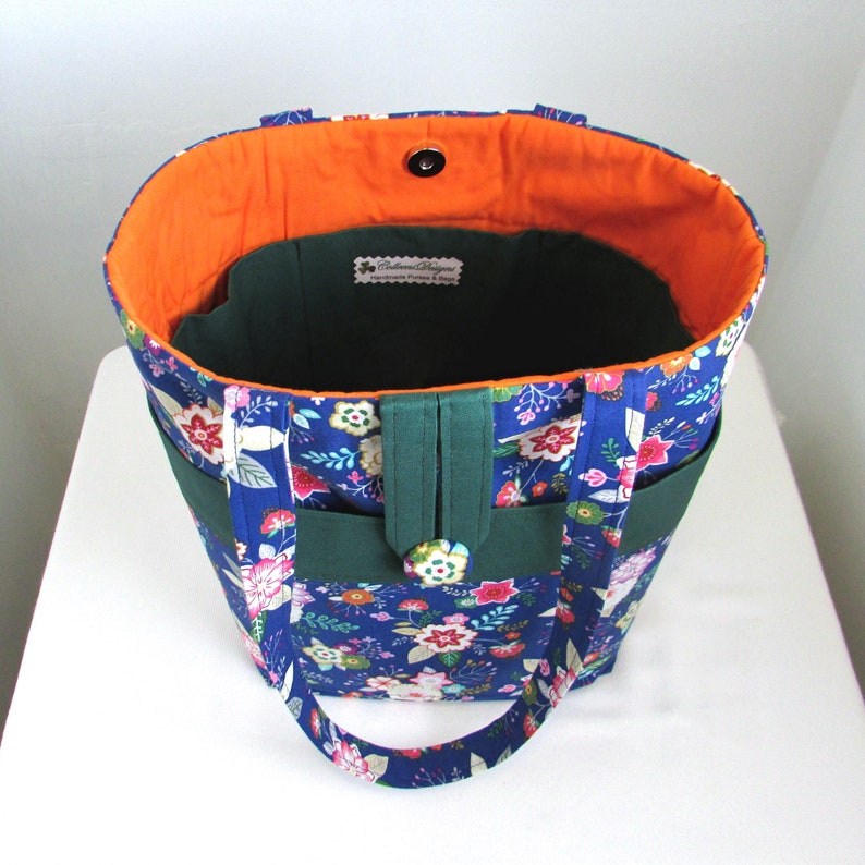 Blue Floral Shoulder Bag, Cloth Purse, Fabric Bag, Handmade Handbag, Tote Bag, Pink Flowers, Orange Flowers image 5