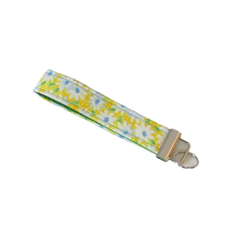 Daisy Key Fob, Yellow Key Lanyard, Handmade Keychain, White Flowers, Wrist Lanyard, Floral Keyfob image 1