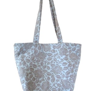 Blue Tote Bag, Floral Fabric Bag, Cloth Purse, Gray Flowers, Handmade Handbag, Shoulder Bag image 4