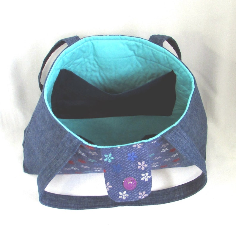 Denim Shoulder Bag, Floral Fabric Bag, Handmade Bag, Cloth Purse, Lined with Pockets, Turquoise, Flowers image 5