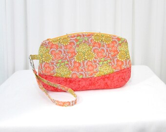 Orange Clutch Purse, Fabric Zipper Bag with Detachable Wrist Strap Small Cloth Purse, Handmade Bag, Makeup Bag, Purse Organizer,