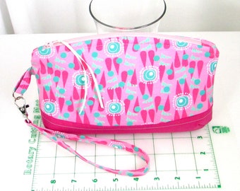 Pink Clutch Purse, Fabric Zipper Bag with Detachable Wrist Strap Small Cloth Purse, Handmade Bag, Makeup Bag, Purse Organizer,