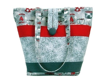 Coffee Shoulder Bag, Gray Cloth Purse, Hot Beverage Fabric Bag, Handmade Handbag, Tote Bag, Coffee Mug, Tea Cup