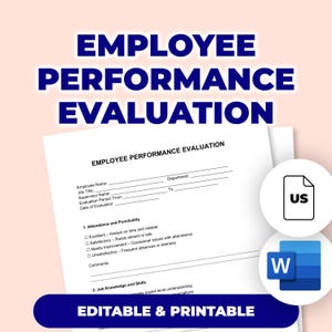 Puede incluir: Un formulario blanco de evaluación del desempeño de los empleados con el título "Employee Performance Evaluation" en texto azul grande. El formulario incluye secciones para la información del empleado y la evaluación del desempeño. Las palabras "Editable & Printable" están en la parte inferior.