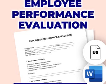 May include: A white employee performance evaluation form with the title "Employee Performance Evaluation" in large blue text. The form includes sections for employee information and performance assessment. The words "Editable & Printable" are at the bottom.