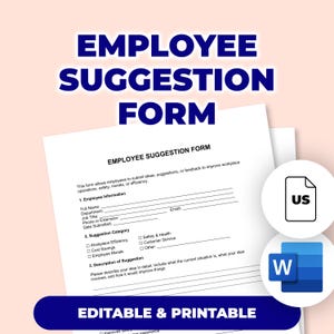Può includere: Un modulo di suggerimento per i dipendenti bianco con il titolo in grandi lettere blu scuro. Il modulo include sezioni per le informazioni sui dipendenti e i dettagli dei suggerimenti. Le parole "Editable & Printable" sono in basso.