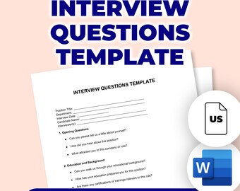 May include: A white Interview Questions Template with the title in large blue letters. The template includes sections for position title, interview date, and questions. The words "EDITABLE & PRINTABLE" are at the bottom. A US document icon and a Microsoft Word icon are also present.