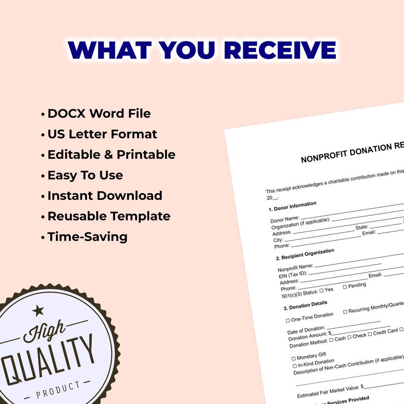 Non Profilt File Structure Nonprofit Donation Receipt | Printable File for Microsoft Word - Etsy