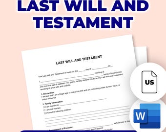 May include: A printable Last Will and Testament form with the title in large blue letters. The document includes sections for declaration, family information, and appointment of an executor. Icons for US and Word are also visible.