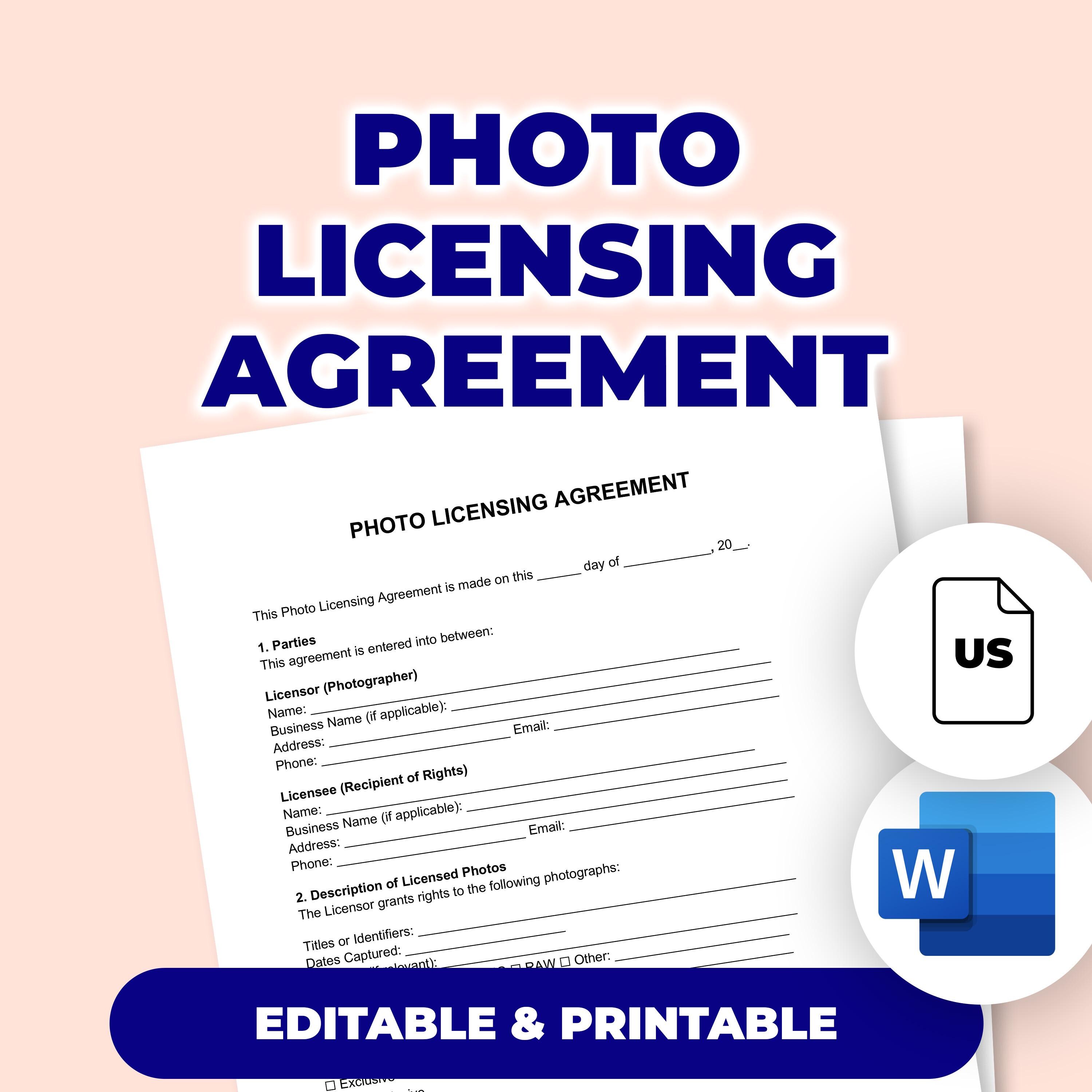 Acuerdo de licencia de fotografía / Archivo imprimible para Microsoft Word