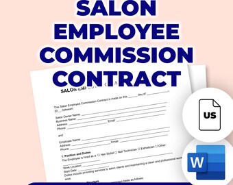 May include: A white Salon Employee Commission Contract with blue text, including the words "Editable & Printable." The document includes fields for salon owner and employee information. A "US" icon and a "W" icon are in the lower right corner.