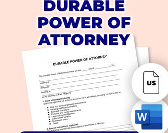 May include: A white document titled "Durable Power of Attorney" with fillable fields and a list of legal authorities. The document includes the text "Editable & Printable" and icons for US and Word document formats.