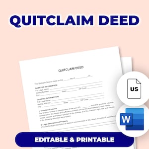 Pode incluir: Um documento de escritura de renúncia branco com o título em letras azuis grandes. O documento inclui seções para informações do doador e do cessionário, e o texto "Editable & Printable" está na parte inferior. Ícones dos EUA e do Word à direita.