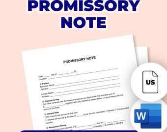 May include: A white Promissory Note document with the title in large blue letters. The document includes fields for date, borrower, and lender information. The text "Editable & Printable" is at the bottom.