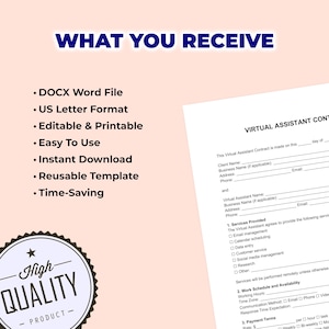 Puede incluir: Un documento blanco titulado "Virtual Assistant Contract" con campos rellenables. El documento va acompa&ntilde;ado de una lista de caracter&iacute;sticas que incluyen "DOCX Word File" y "US Letter Format". Un sello de "High Quality Product" est&aacute; en la esquina inferior izquierda.