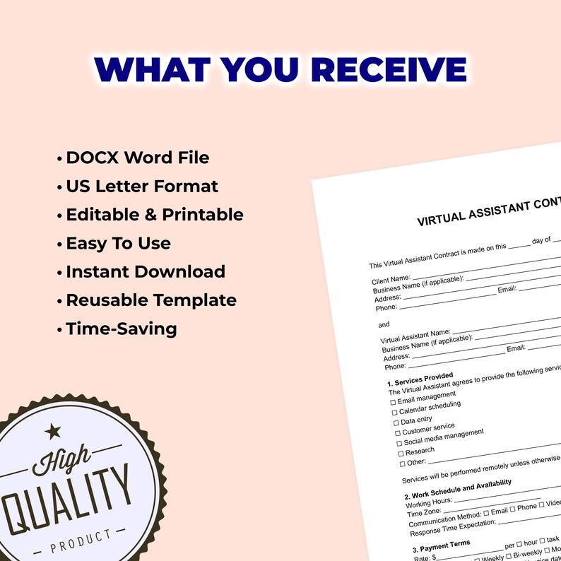 Puede incluir: Un documento blanco titulado "Virtual Assistant Contract" con campos rellenables. El documento va acompa&ntilde;ado de una lista de caracter&iacute;sticas que incluyen "DOCX Word File" y "US Letter Format". Un sello de "High Quality Product" est&aacute; en la esquina inferior izquierda.