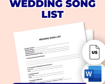 May include: A white wedding song list template with the text "WEDDING SONG LIST" in large blue letters. The template includes fields for couple's names, wedding date, venue, and song selections. Icons for US and Word document are visible.