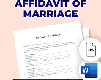 May include: A printable affidavit of marriage document with the title in large blue text. The document includes sections for affiant and spouse information. The words "Editable & Printable" are at the bottom. Icons for US and Word are in the corner.
