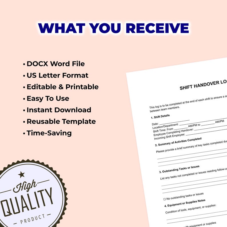 Transfer Log Examples Shift Handover Log Printable File for Microsoft Word - Etsy