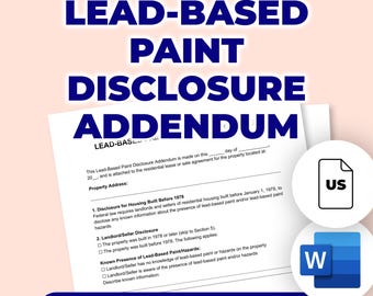 May include: A white Lead-Based Paint Disclosure Addendum form with blue text, including the words "Editable & Printable." The form includes sections for property address and disclosure information. A "US" icon and a "W" icon are also visible.