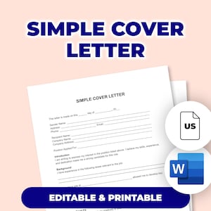 May include: A white cover letter template with the text "SIMPLE COVER LETTER" in large blue letters. The template includes fields for sender and recipient information, and the text "EDITABLE & PRINTABLE" is displayed in a blue banner.